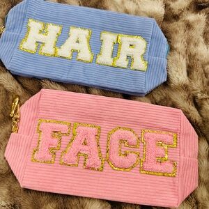 Blue and Pink Corduroy Pouches with Gold Accents